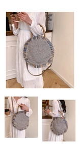 Detail of round woven straw bag featuring beige and blue fringe tassels and circular handle