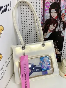 Women Oil Wax PU Leather Ita Bag With Transparent PVC Window Street Trend Crossbody Bag For Anime Badge Display