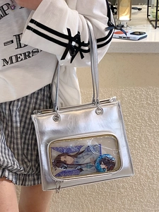 Silver metallic ita bag with clear PVC window and handle for anime collection display