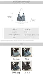 Vista dettagliata delle dimensioni della borsa denim e dei quattro colori disponibili