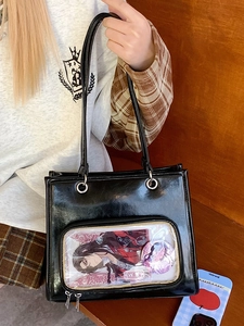 Black oil wax leather ita bag with clear window and dual handles for commuting