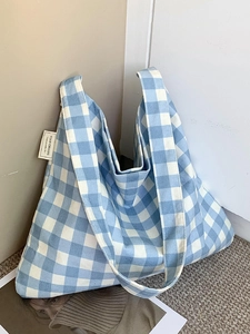 Korean Ins Style Gingham Plaid Tote Bag For Women Large Capacity Casual Nylon Shoulder Bag Versatile Student Handbag