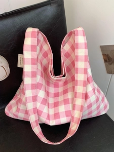 Pink and white checkered canvas tote bag with large capacity and soft shoulder strap