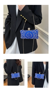 Detailed macro view of radiant blue crystal flower patterns and pearl clasp on evening bag