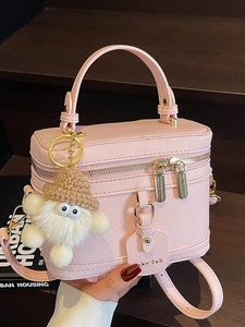 Vintage PU Leather Box Crossbody Bag For Women Elegant Pebbled Texture Small Top Handle Handbag With Plush Monster Charm