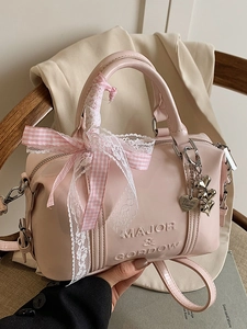 Women Sweet PU Leather Boston Pillow Handbag Fashion Embossed Letter Crossbody Bag With Lace Ribbon Heart Charm Daily Shoulder Bag