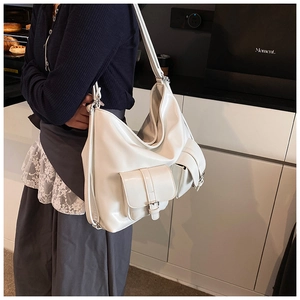White large capacity hobo bag with multiple flap pockets and soft leather finish