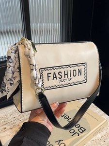 Women Fashion PU Leather Shoulder Bag Embroidered Letter Design With Satin Scarf Decor Casual Business Commuter Handbag