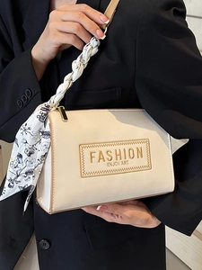 Minimalist beige PU shoulder bag with Fashion Enjoy Art embossed text and scarf detail