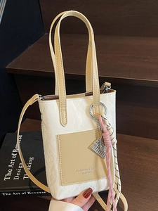 Women Urban Minimalist PU Leather Crossbody Bag Contrast Color Crinkled Texture Handbag Small Bucket Mobile Phone Bag