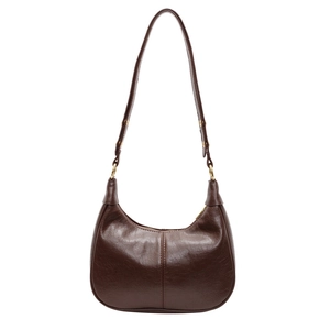 Deep brown vintage leather hobo bag with gold hardware and curved crescent shape