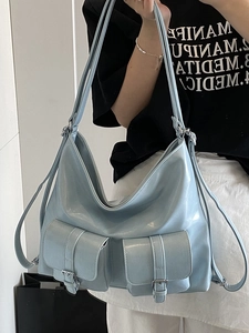 Minimalist light blue PU leather tote bag with front flap pockets and large capacity