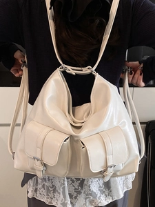 Minimalist white PU leather large capacity backpack and tote bag with front buckle pockets