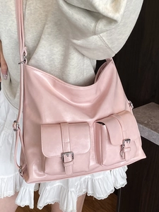 Large capacity light pink shoulder tote bag in matte synthetic leather with dual pockets