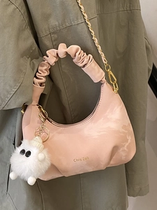 Pink marble pattern pleated hobo handbag with gold chain and plush doll pendant
