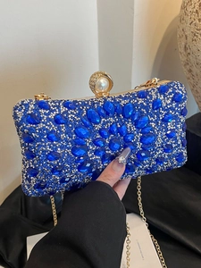 Luxury Rhinestone Evening Clutch Bag For Women Elegant Artificial Pearl Clasp Metallic Chain Crossbody Bag Wedding Party Handbag