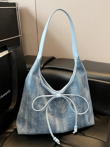 Borsa Tote in Denim da Donna con Fiocco Texture Luccicante Grande Capacità Borsa a Tracolla Casual Città Semplice