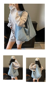 Three views of a light blue oversized tote bag showing minimalist design and casual style
