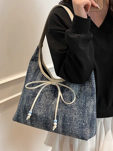 Borsa tote in denim con motivo a stelle, fiocco decorativo e perline per l'uso quotidiano