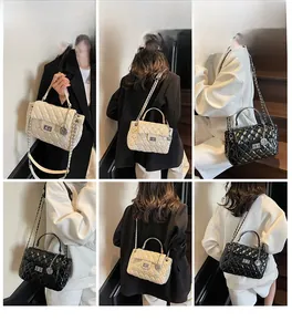 Quilted flap bag with chain strap shown in black and cream on a model context