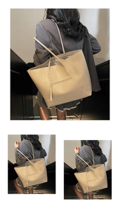 Close-up of beige PU leather tote bag featuring a practical metal zipper front pocket