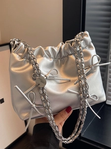 Korean Trendy Bow PU Leather Tote Bag Fashion Ruched Shoulder Bag With Metallic Chain Strap Versatile Casual Commuter Bag For Women