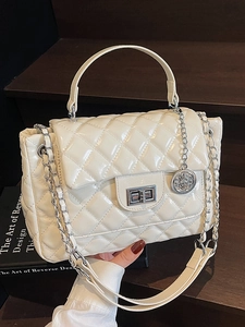 Elegant PU Leather Quilted Rhombic Chain Shoulder Bag With Rotating Lock And Round Pendant For Women Casual Crossbody Handbag