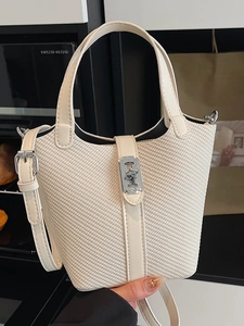 High Quality Urban Simple Woven Texture PU Leather Women Bucket Bag Versatile Crossbody Bag Shoulder Bag Handbag With Silver Clasp
