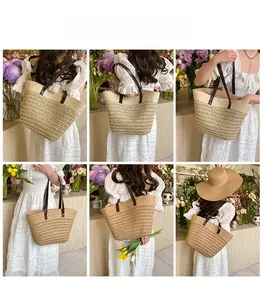 Close-up of woven straw tote bag featuring leather shoulder straps and textured pattern