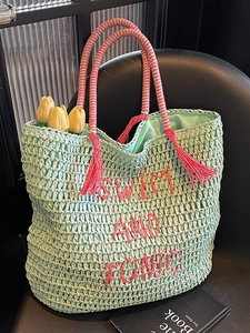 Summer Beach Straw Woven Tote Bag Women Mint Green Pink Letter Embroidery Tassel Shoulder Bag Large Capacity Holiday Handbag