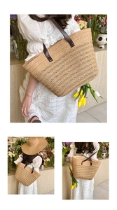 Detailed close-up of handmade straw tote bag with durable dark brown leather handles
