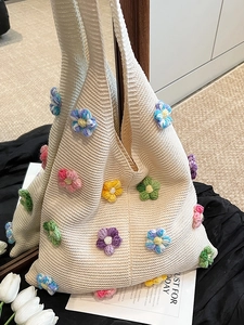 Sac Cabas au Crochet Tricoté pour Femme Avec Décoration Florale 3D Style Fait Main Sac à Épaule en Coton et Lin