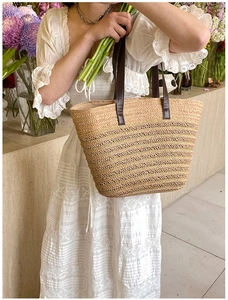 Detail of hand-woven straw tote with hollow patterns and slim brown leather handles