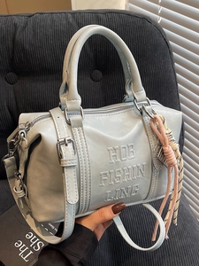 Women Vintage PU Leather Boston Bag Embossed Letter Bowling Handbag Casual Crossbody Bag With Adjustable Shoulder Strap