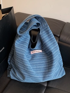 Women Large Capacity Knit Tote Bag Casual Striped Star Embroidery Shoulder Bag Lightweight Cotton Blend Shopper Handbag