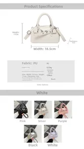 Detailed size chart and specifications for the PU leather shell bag with five color options