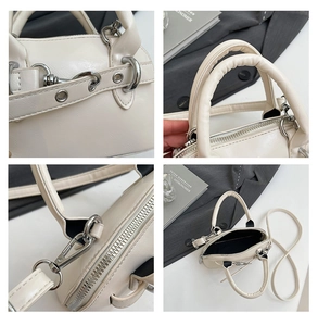 Detailed views of cream shell bag showing silver metal rings, rivets and smooth PU texture