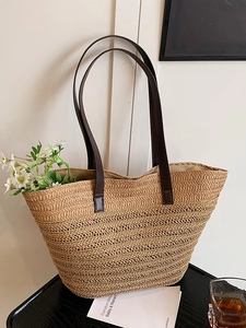 French Niche Straw Shoulder Bag For Women Large Capacity Handwoven Summer Beach Tote Bag With PU Leather Strap Vacation Style