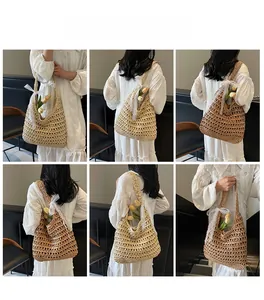 Multiple views showing the hollow straw tote bag with delicate white lace bow detailing