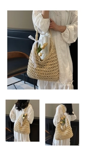 Detail view of woven straw tote bag with elegant lace bow and hollow pattern design