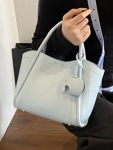 Minimalist light blue lychee texture leather tote bag with elephant charm and handles