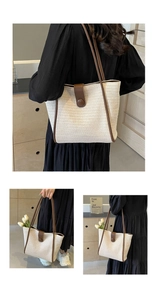 Three-way view of a large woven tote bag with brown leather handles and magnetic closure