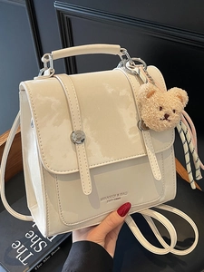 Women Urban Simple Small Square Backpack Fashion PU Leather Handbag Crossbody Bag With Bear Keychain Commute Student Bag