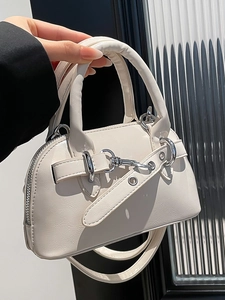 Fashion Minimalist PU Leather Shell Bag For Women Streetwear Crossbody Handbag With Top Handle Silver Metal Buckle Decor