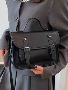 Classic black litchi pattern leather satchel bag with double buckle and top handle