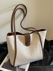 Women's Minimalist Woven Tote Bag Contrast Faux Leather Trim Large Capacity Shoulder Bag Casual Resort Style Straw Handbag