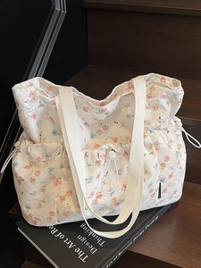 Women Floral Tote Bag Sweet Korean Style Large Capacity Shoulder Bag Pleated Design Casual Cloth Handbag For Commute Daily
