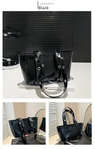 Détails du cabas en cuir ciré noir brillant avec œillets métalliques et grande capacité