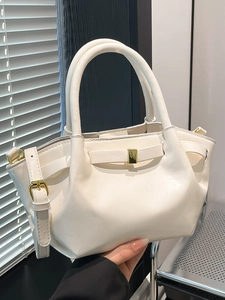 Chic cream white pleated oil wax leather bucket bag with golden hardware and double handles