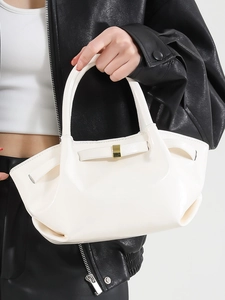 Chic ivory oil wax leather bucket bag with pleated texture and gold metal buckle